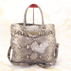 Michael Kors Womens Hamilton Reptile Satchel Tote Handbag Large Gray/Tan Leather